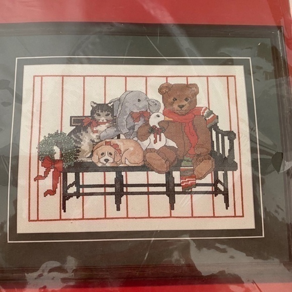 Vintage Janlynn Counted Cross Stitch Kit Cat Dog Bear on Bench